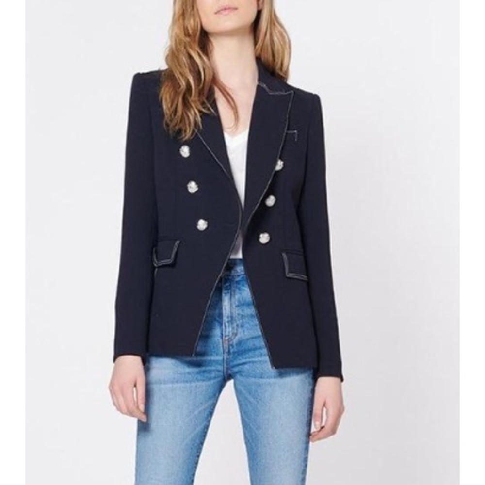 Veronica Beard Miller Blazer Navy Contrast Stitch Silver Crest Buttons Size 4